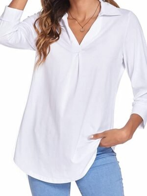 Basic Regular Plain V Neck Long Sleeve Blouse - Image 18