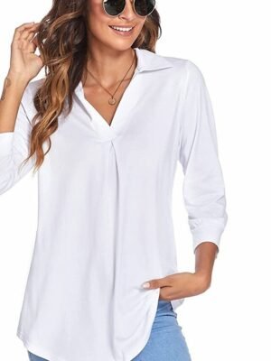 Basic Regular Plain V Neck Long Sleeve Blouse - Image 19