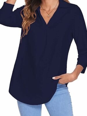 Basic Regular Plain V Neck Long Sleeve Blouse - Image 2