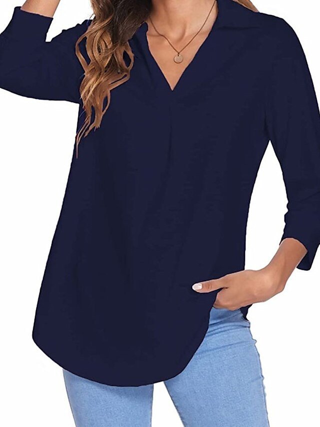 Basic Regular Plain V Neck Long Sleeve Blouse - Image 2