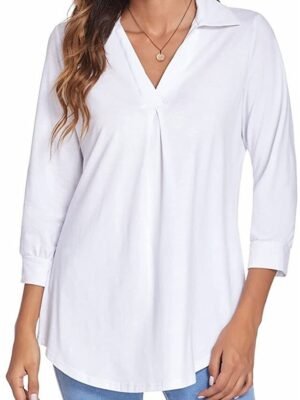 Basic Regular Plain V Neck Long Sleeve Blouse - Image 21