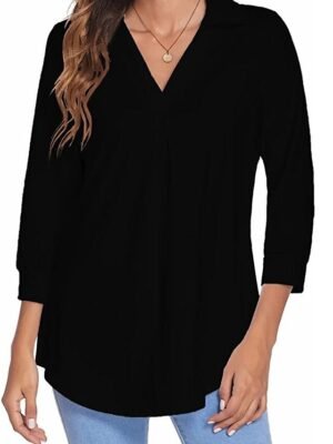 Basic Regular Plain V Neck Long Sleeve Blouse - Image 3