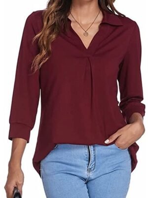 Basic Regular Plain V Neck Long Sleeve Blouse - Image 4