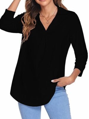 Basic Regular Plain V Neck Long Sleeve Blouse - Image 5