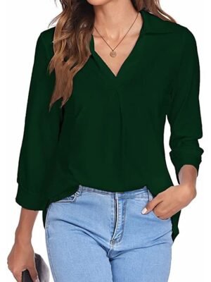 Basic Regular Plain V Neck Long Sleeve Blouse - Image 6