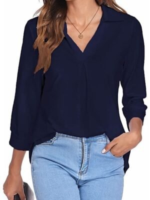Basic Regular Plain V Neck Long Sleeve Blouse - Image 7