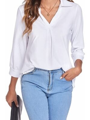 Basic Regular Plain V Neck Long Sleeve Blouse - Image 8