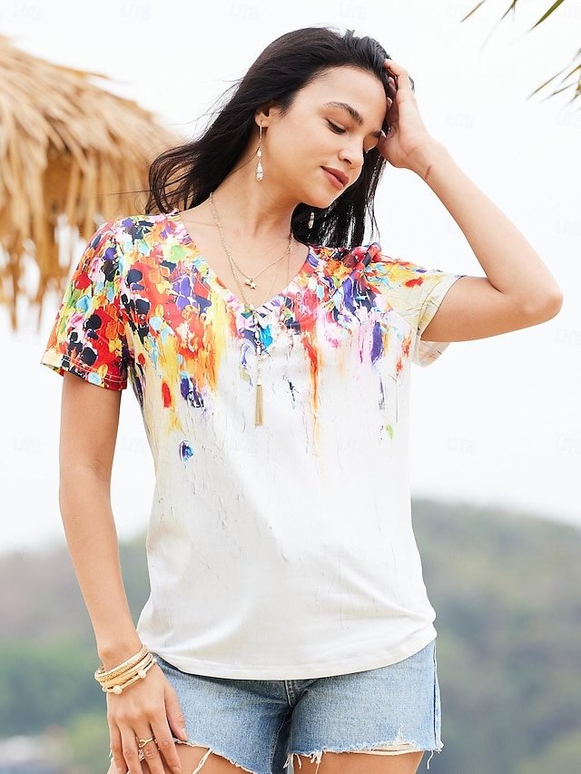 Basic Regular Print V Neck Short Sleeve Top - Image 2