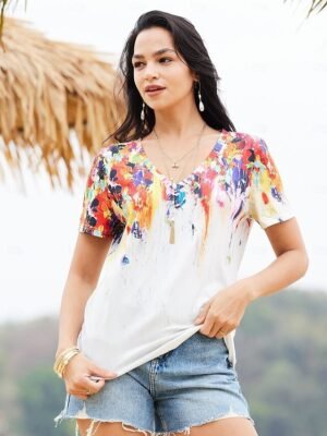 Basic Regular Print V Neck Short Sleeve Top - Image 3