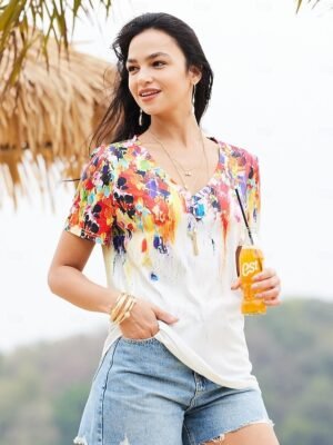 Basic Regular Print V Neck Short Sleeve Top - Image 4