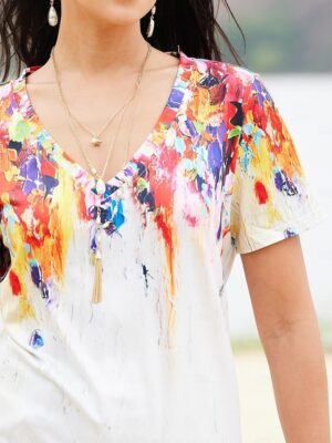 Basic Regular Print V Neck Short Sleeve Top - Image 5