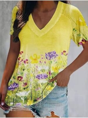 Basic Regular Print V Neck Short Sleeve Top - Image 7