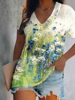 Basic Regular Print V Neck Short Sleeve Top - Image 8