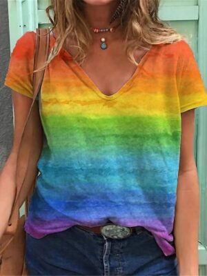 Basic Regular Rainbow V Neck Short Sleeve T-shirt - Image 1