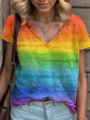 Basic Regular Rainbow V Neck Short Sleeve T-shirt - Image 2