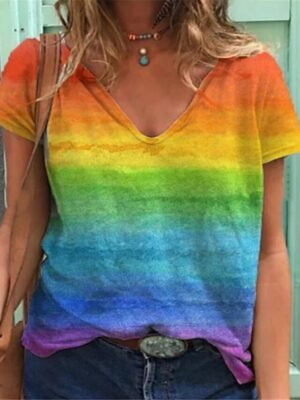 Basic Regular Rainbow V Neck Short Sleeve T-shirt - Image 3