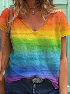 Basic Regular Rainbow V Neck Short Sleeve T-shirt - Image 4