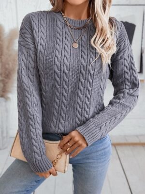 Basic Regular Solid Cable Crew Neck Long Sleeve Knit Top - Image 1