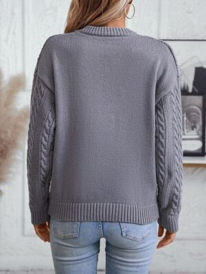 Basic Regular Solid Cable Crew Neck Long Sleeve Knit Top - Image 3