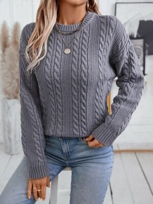 Basic Regular Solid Cable Crew Neck Long Sleeve Knit Top - Image 4