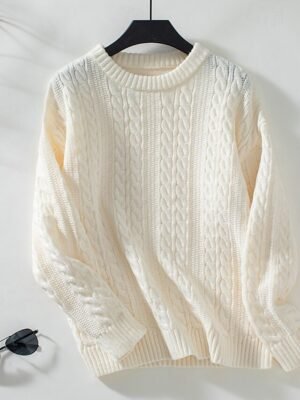 Basic Regular Solid Cable Crew Neck Long Sleeve Knit Top - Image 5