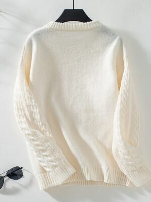 Basic Regular Solid Cable Crew Neck Long Sleeve Knit Top - Image 6