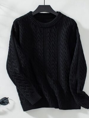 Basic Regular Solid Cable Crew Neck Long Sleeve Knit Top - Image 7