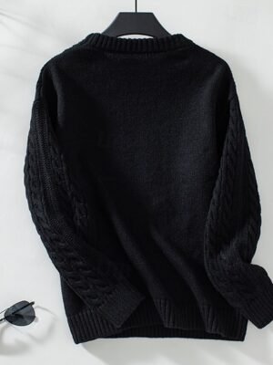 Basic Regular Solid Cable Crew Neck Long Sleeve Knit Top - Image 8