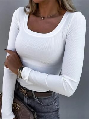 Basic Regular Solid U Neck Long Sleeve Tops - Image 2