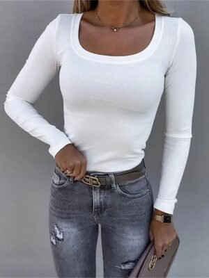 Basic Regular Solid U Neck Long Sleeve Tops - Image 4