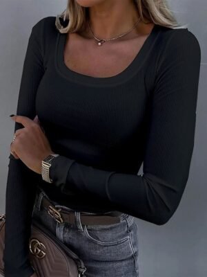 Basic Regular Solid U Neck Long Sleeve Tops - Image 8