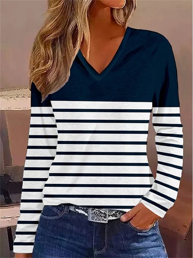 Basic Regular Striped V Neck Long Sleeve Top - Image 1