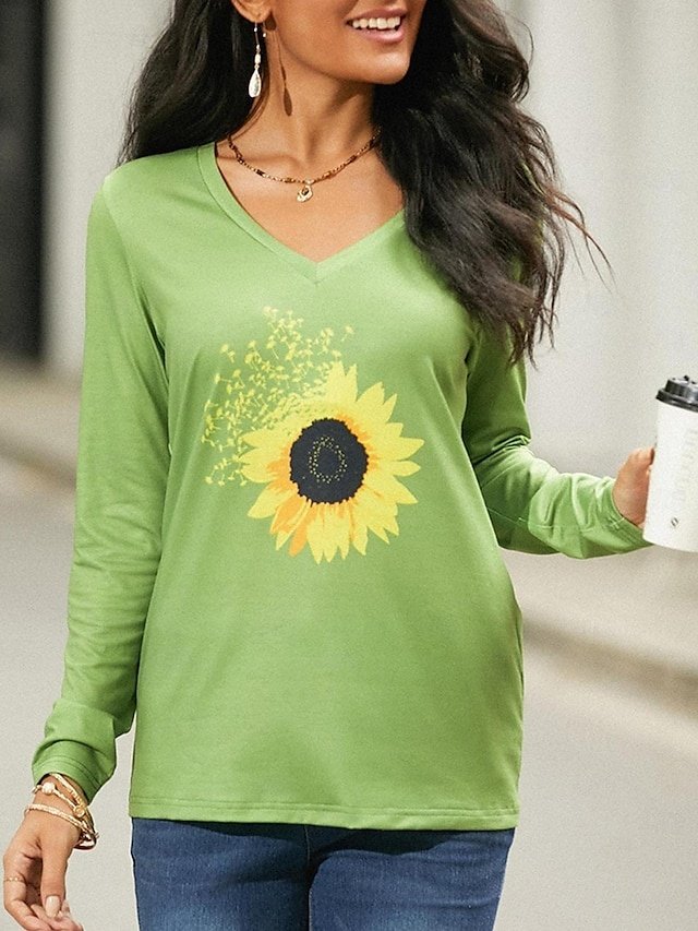 Basic Regular Sunflower Print V Neck Long Sleeve Top - Image 1