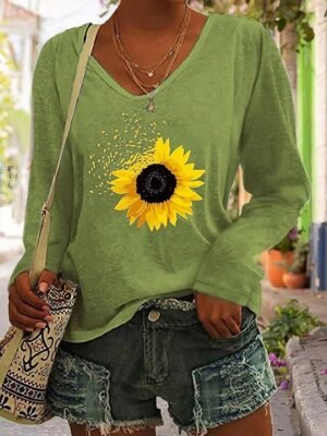 Basic Regular Sunflower Print V Neck Long Sleeve Top - Image 2