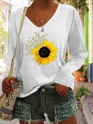 Basic Regular Sunflower Print V Neck Long Sleeve Top - Image 3