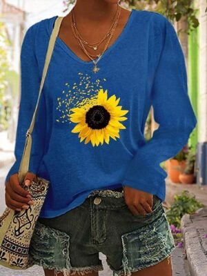 Basic Regular Sunflower Print V Neck Long Sleeve Top - Image 4