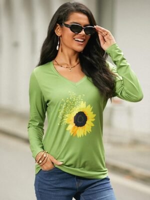 Basic Regular Sunflower Print V Neck Long Sleeve Top - Image 5