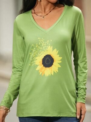 Basic Regular Sunflower Print V Neck Long Sleeve Top - Image 6
