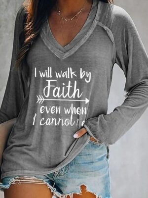 Basic Regular Text V Neck Long Sleeve Top - Image 1