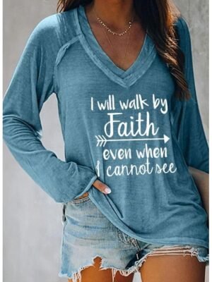 Basic Regular Text V Neck Long Sleeve Top - Image 3