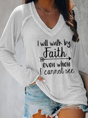 Basic Regular Text V Neck Long Sleeve Top - Image 4