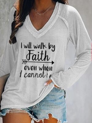 Basic Regular Text V Neck Long Sleeve Top - Image 5