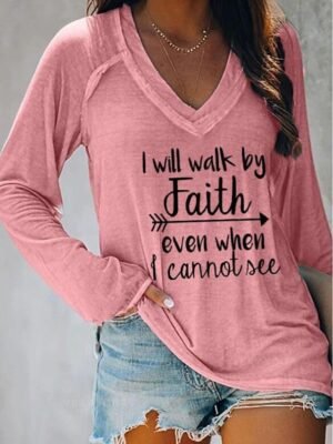 Basic Regular Text V Neck Long Sleeve Top - Image 6