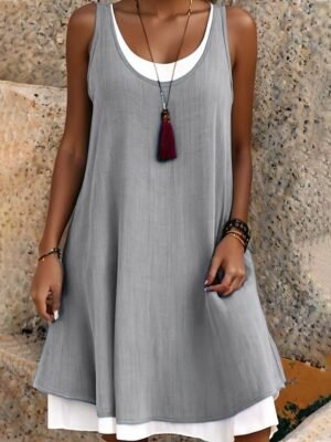 Basic Slim Plain Crew Neck Sleeveless Mini Skater Dress - Image 2