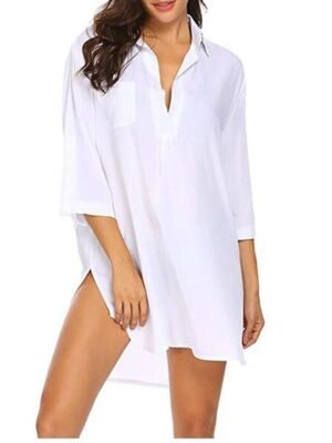 Beach Loose Solid Deep V Long Sleeve Top - Image 1
