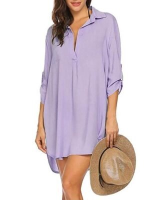 Beach Loose Solid Deep V Long Sleeve Top - Image 4