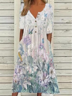Blue Floral Print V Neck Short Sleeve Midi A-Line Dress - Image 2