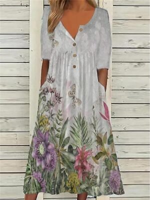 Blue Floral Print V Neck Short Sleeve Midi A-Line Dress - Image 4