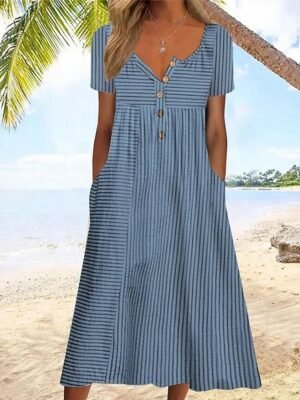 Blue Floral Print V Neck Short Sleeve Midi A-Line Dress - Image 6