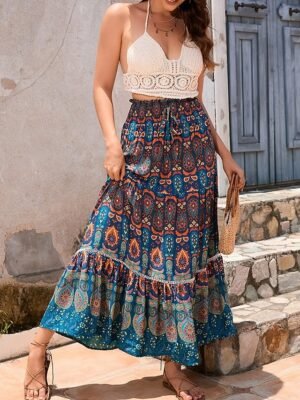 Bohemia Maxi High Waist Pleated Floral Swing Skirt - Image 1